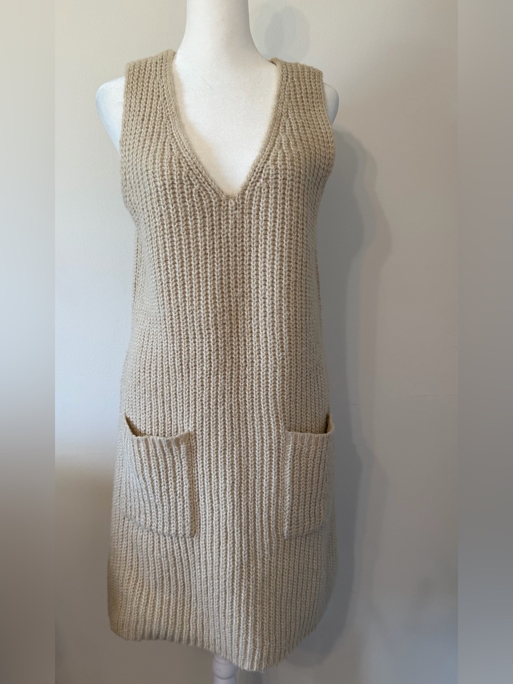 Kersh Sleeveless V-Neck Knit Tunic Dress in Beige